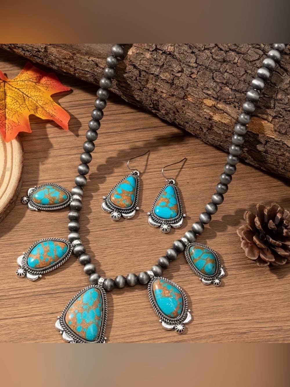 Turquoise and Silver Statement Necklace Set - Women's Southwestern Jewelry